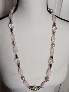 Source Unknown Pink Bead, Pearl & Gold-Tone Spacer Necklace
